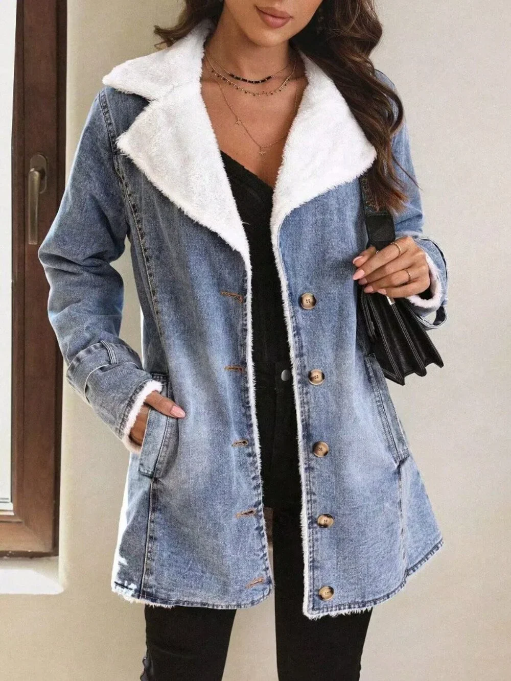 Casual Women's Teddy Lined Lapel light Wash Loose Denim acket